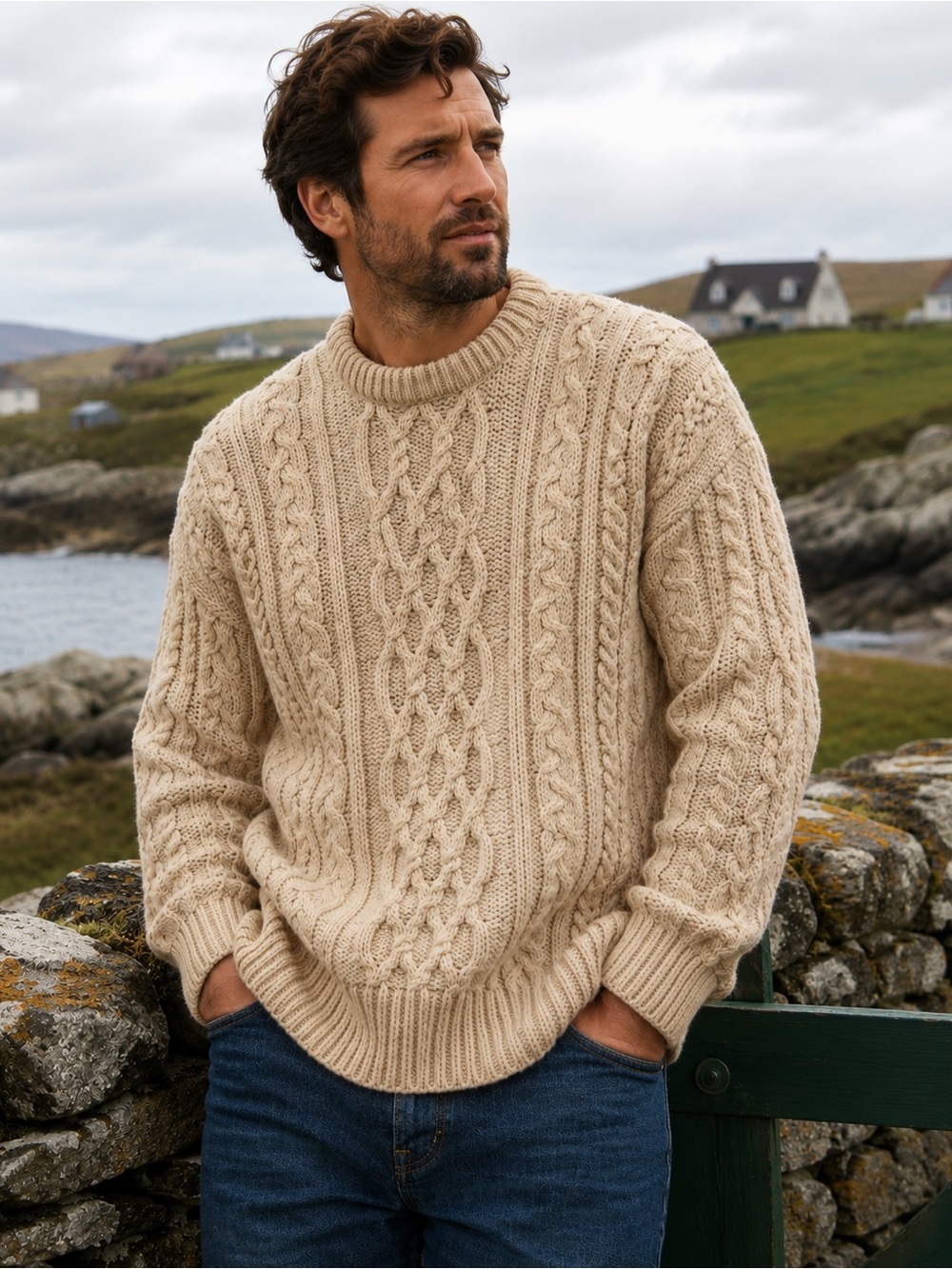 Callan Ireland 100% Pure New Wool Aran Fisherman Cable Knit Sweater Men L